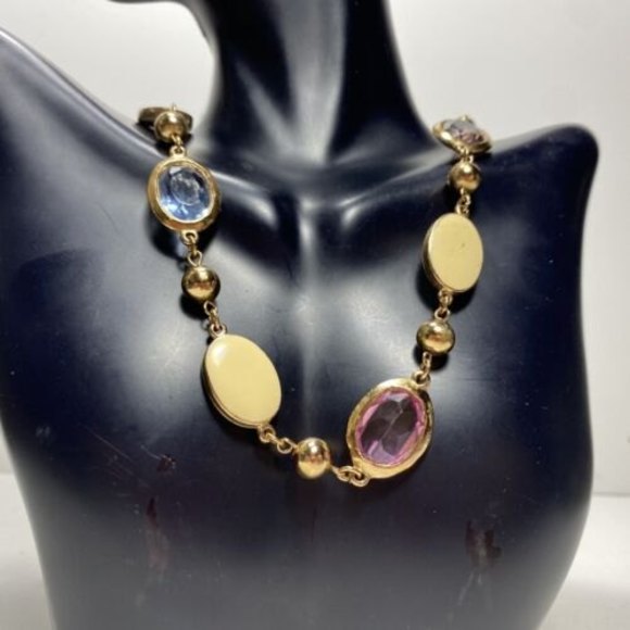 Vintage Necklace Gold Tone Beads Faux Ivory Pearl Medallion Faceted Pastel Glass - Picture 3 of 7